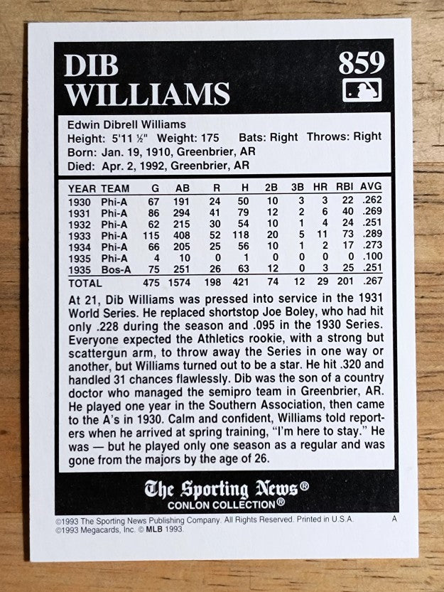 1993 Conlon TSN #859 Dib Williams