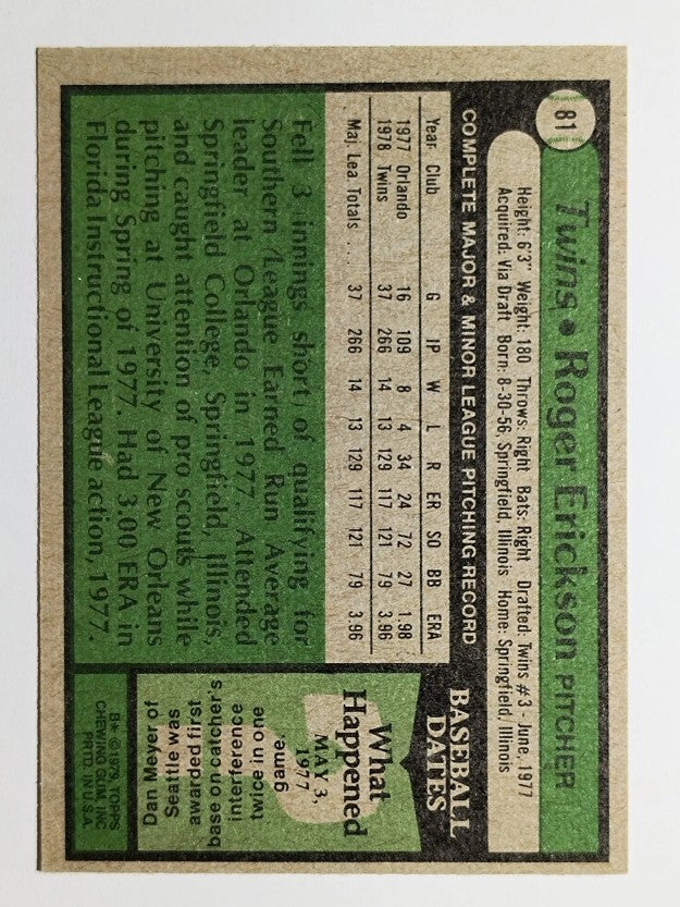 1979 Topps #81 Roger Erickson RC (NMMT)