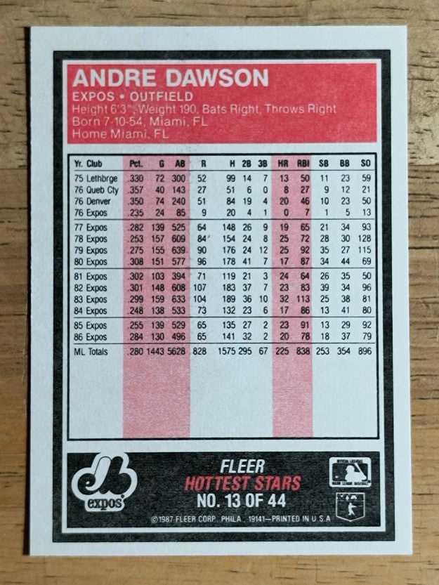 1987 Fleer Hottest Stars #13 Andre Dawson