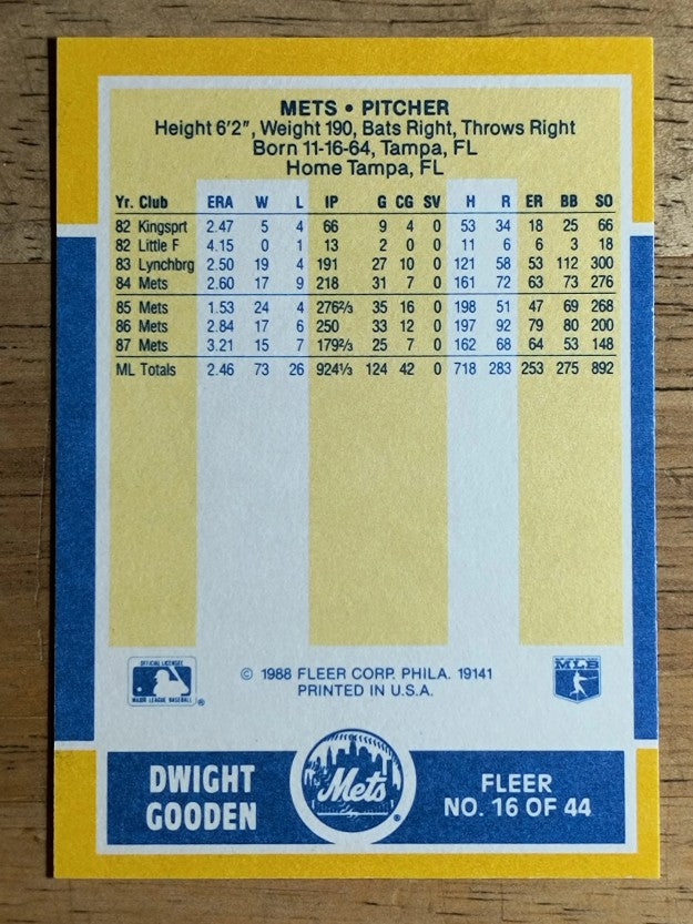 1988 Fleer Baseball MVP's #16 Dwight Gooden