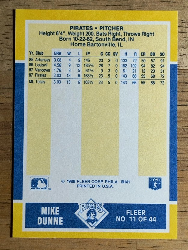 1988 Fleer Baseball MVP's #11 Mike Dunne