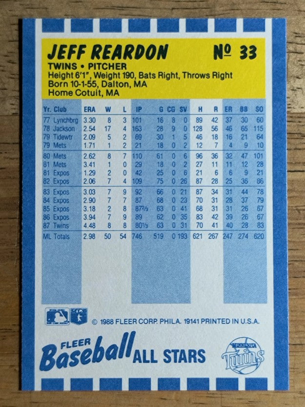 1988 Fleer Baseball All-Stars #33 Jeff Reardon