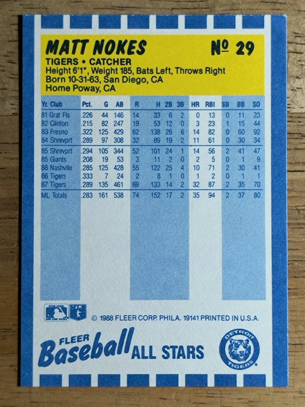 1988 Fleer Baseball All-Stars #29 Matt Nokes
