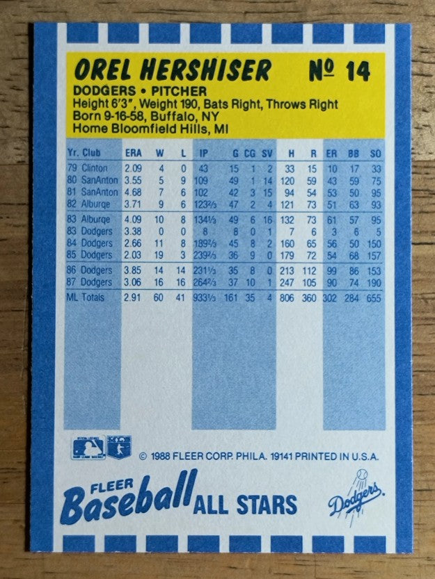 1988 Fleer Baseball All-Stars #14 Orel Hershiser