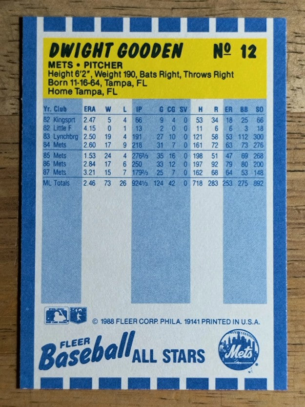 1988 Fleer Baseball All-Stars #12 Dwight Gooden
