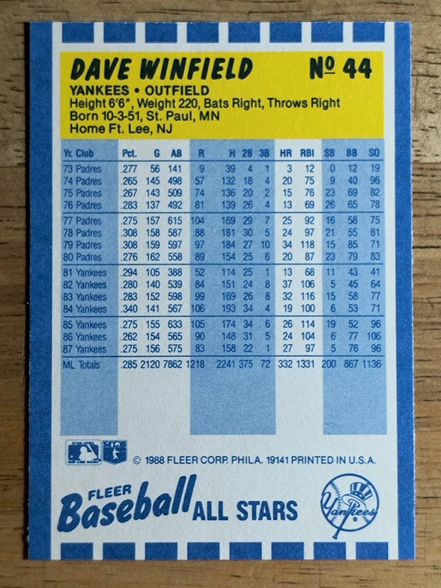 1988 Fleer Baseball All-Stars #44 Dave Winfield
