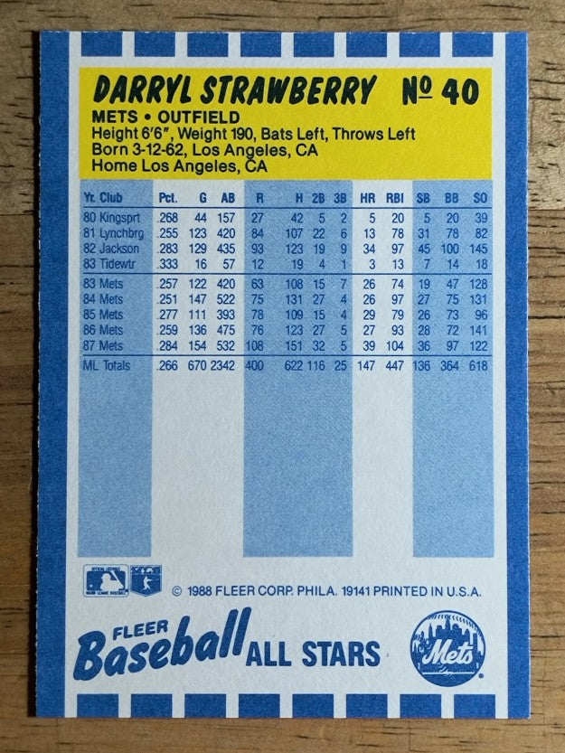 1988 Fleer Baseball All-Stars #40 Darryl Strawberry