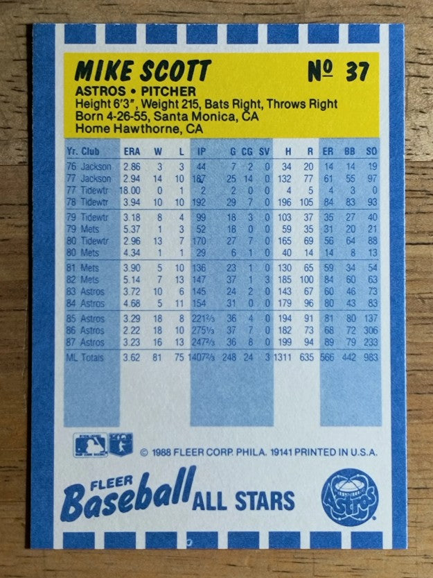 1988 Fleer Baseball All-Stars #37 Mike Scott