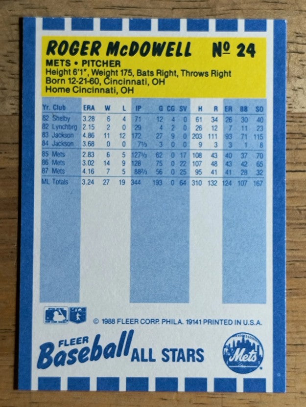1988 Fleer Baseball All-Stars #24 Roger McDowell