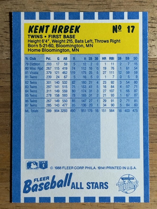 1988 Fleer Baseball All-Stars #17 Kent Hrbek