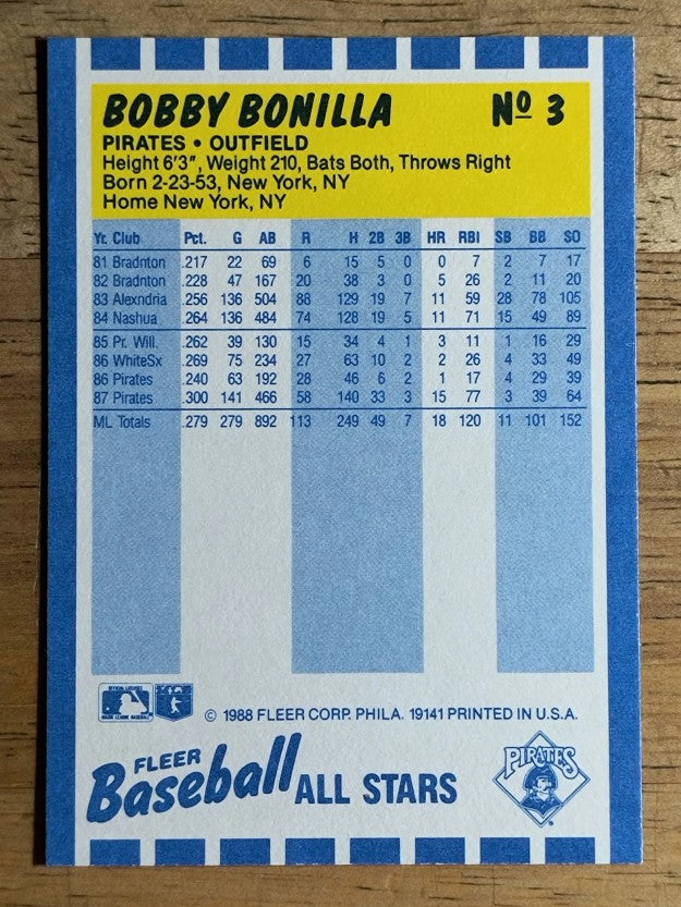 1988 Fleer Baseball All-Stars #3 Bobby Bonilla