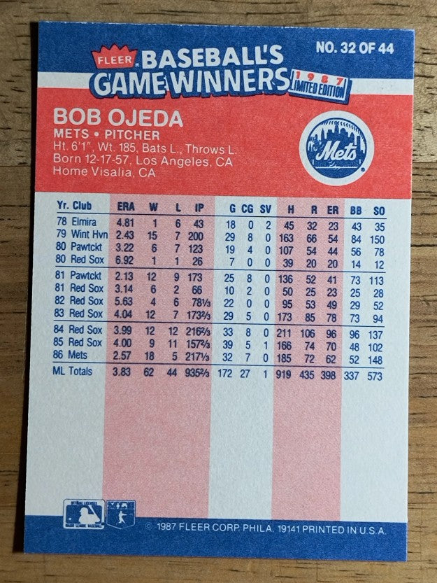 1987 Fleer Game Winners #32 Bob Ojeda