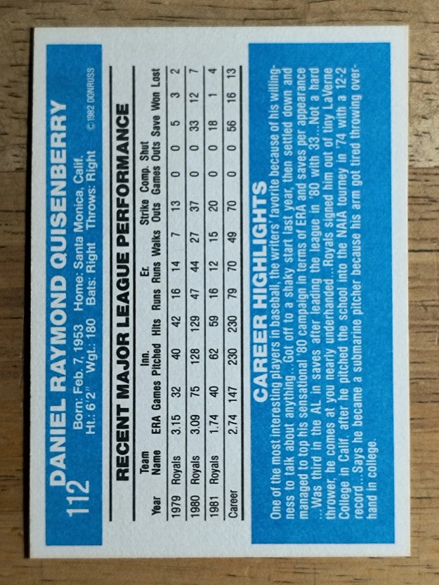 1982 Donruss #112 Dan Quisenberry