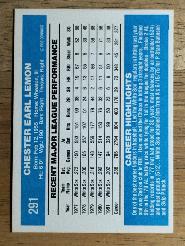 1982 Donruss #291 Chet Lemon