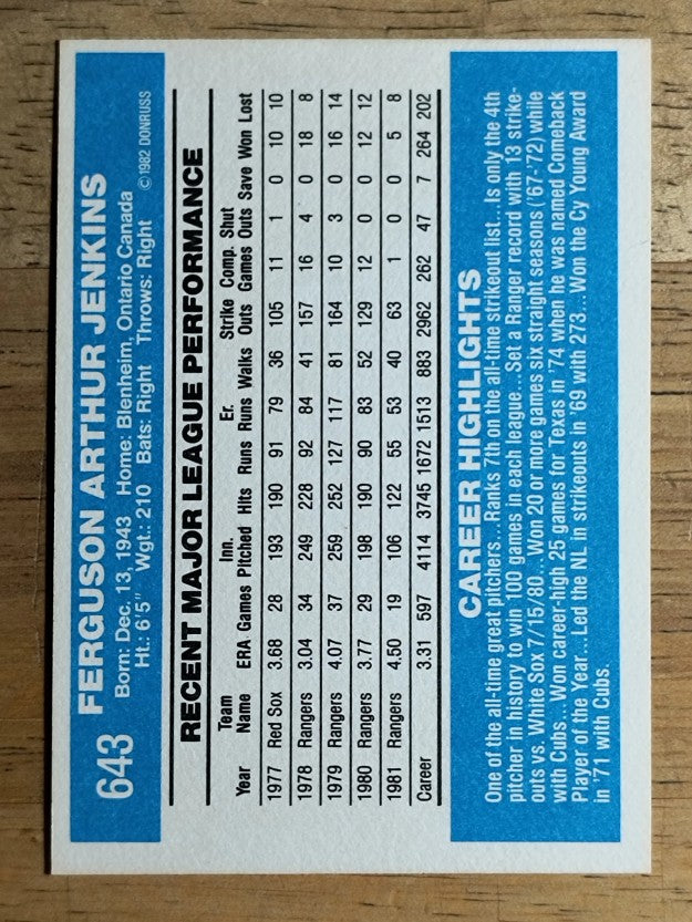 1982 Donruss #643 Fergie Jenkins