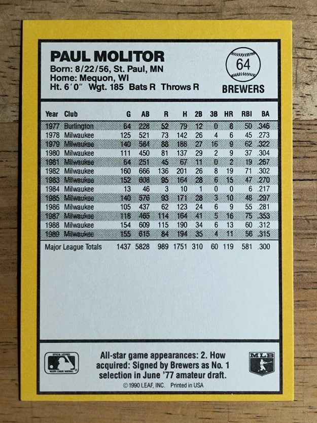 1990 Donruss Best AL #64 Paul Molitor