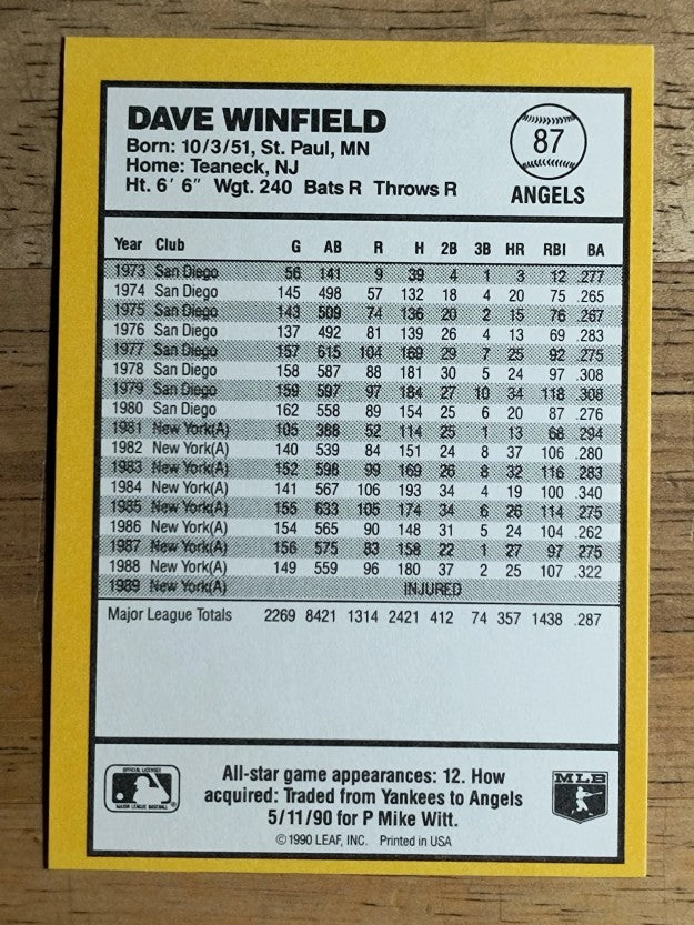 1990 Donruss Best AL #87 Dave Winfield