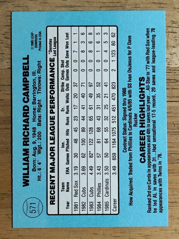1986 Donruss #571 Bill Campbell