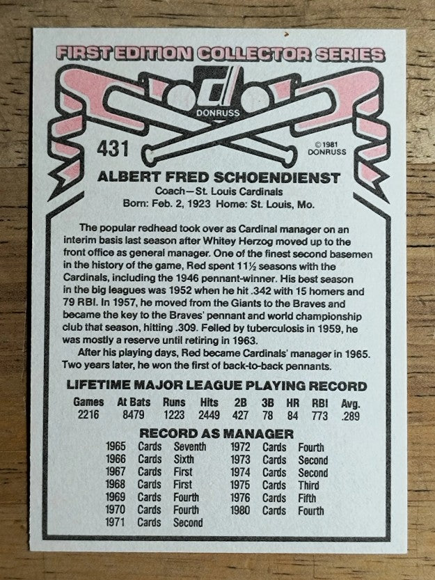 1981 Donruss #431 Red Schoendienst MG