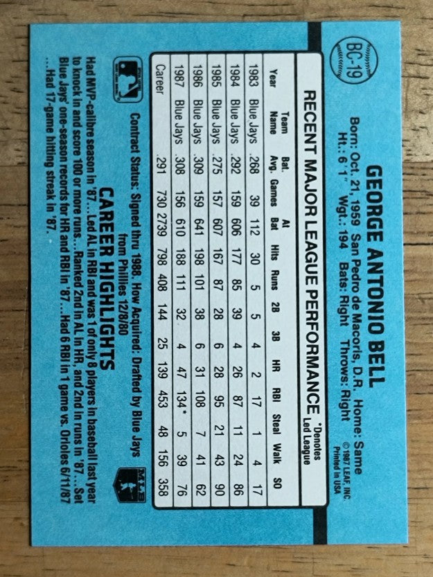 1988 Donruss Bonus MVP's #BC19 George Bell SP