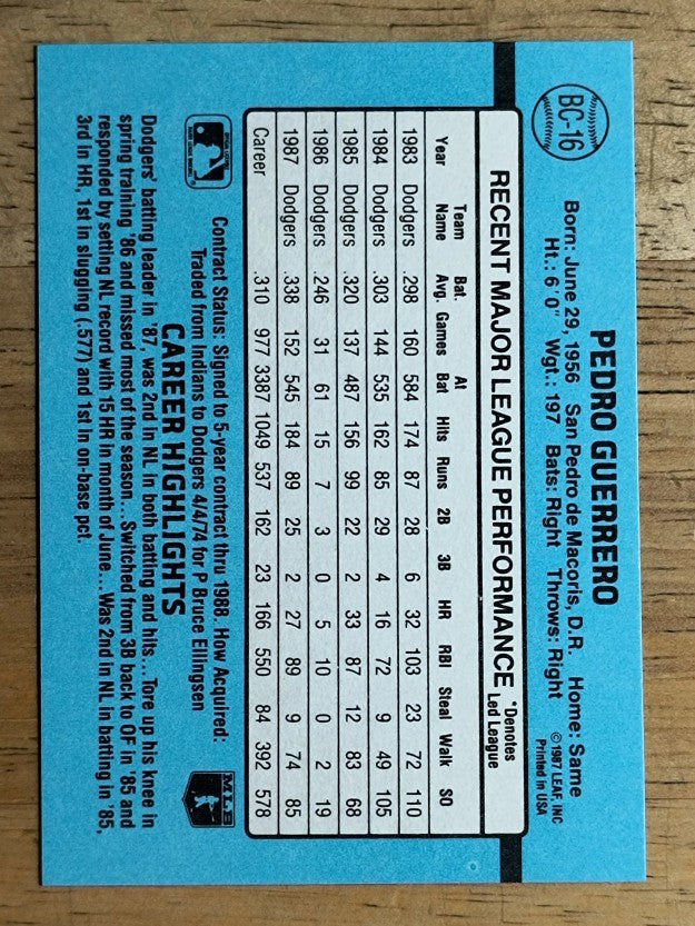 1988 Donruss Bonus MVP's #BC16 Pedro Guerrero SP