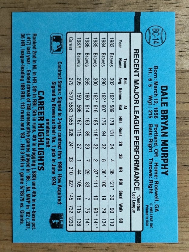 1988 Donruss Bonus MVP's #BC14 Dale Murphy SP