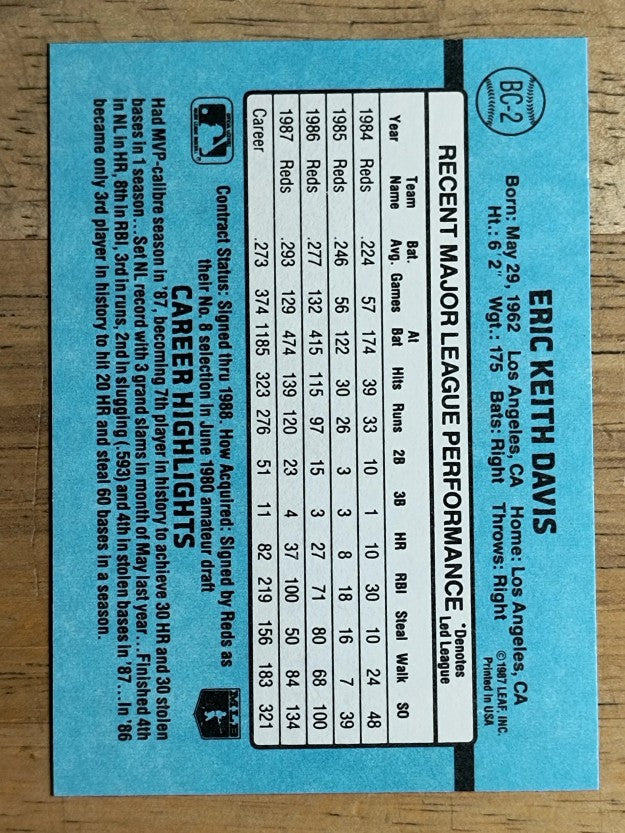 1988 Donruss Bonus MVP's #BC2 Eric Davis