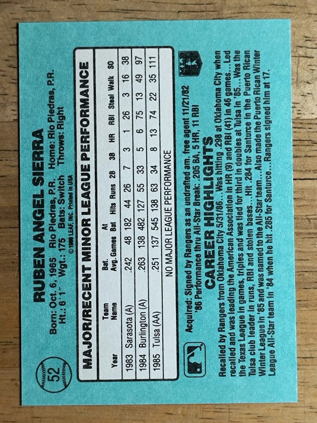 1986 Donruss Rookies #52 Ruben Sierra XRC