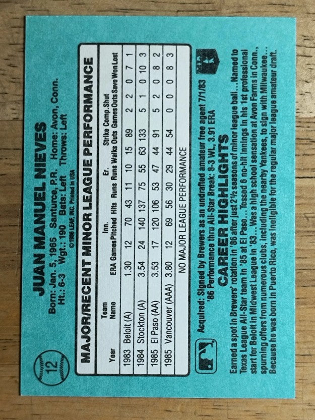 1986 Donruss Rookies #12 Juan Nieves