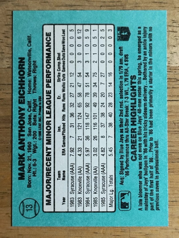 1986 Donruss Rookies #13 Mark Eichhorn