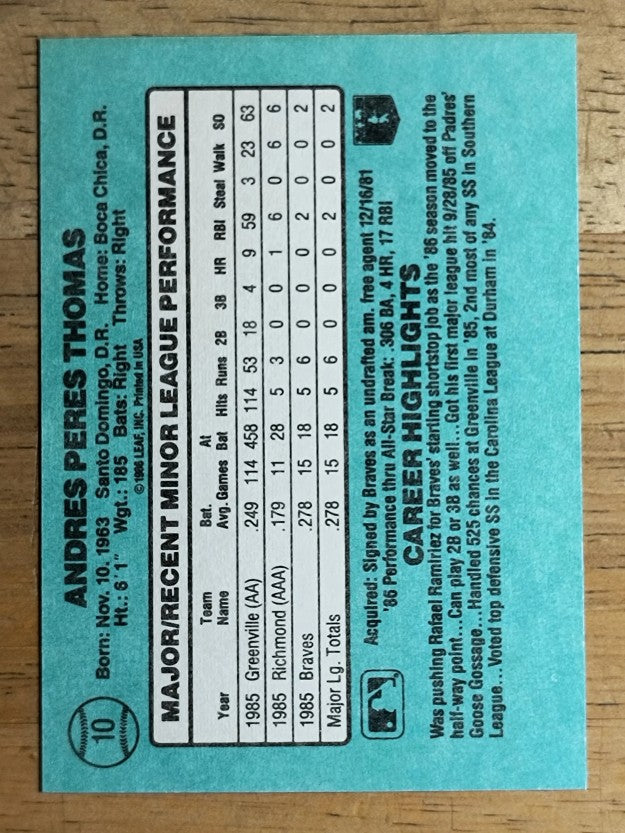 1986 Donruss Rookies #10 Andres Thomas