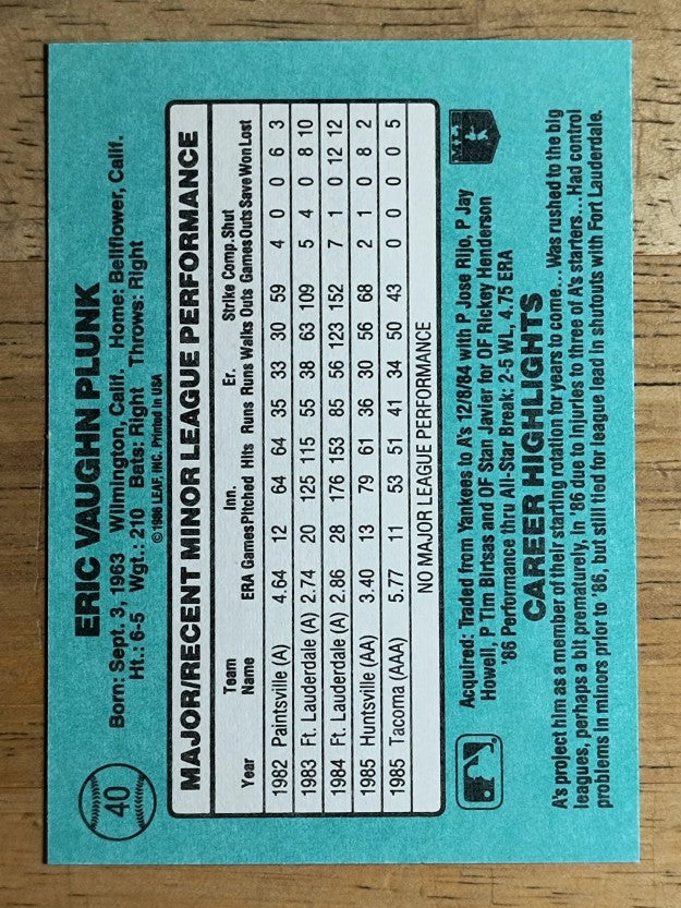 1986 Donruss Rookies #40 Eric Plunk