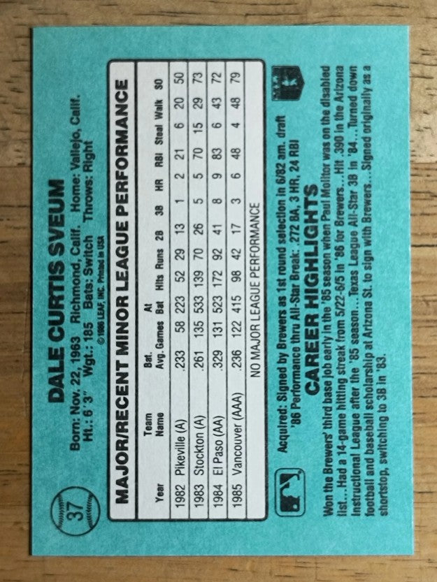1986 Donruss Rookies #37 Dale Sveum