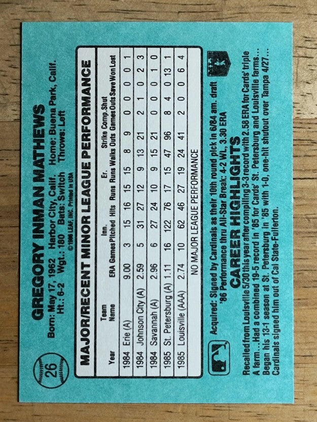 1986 Donruss Rookies #26 Greg Mathews