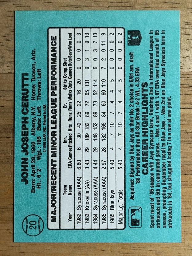 1986 Donruss Rookies #20 John Cerutti