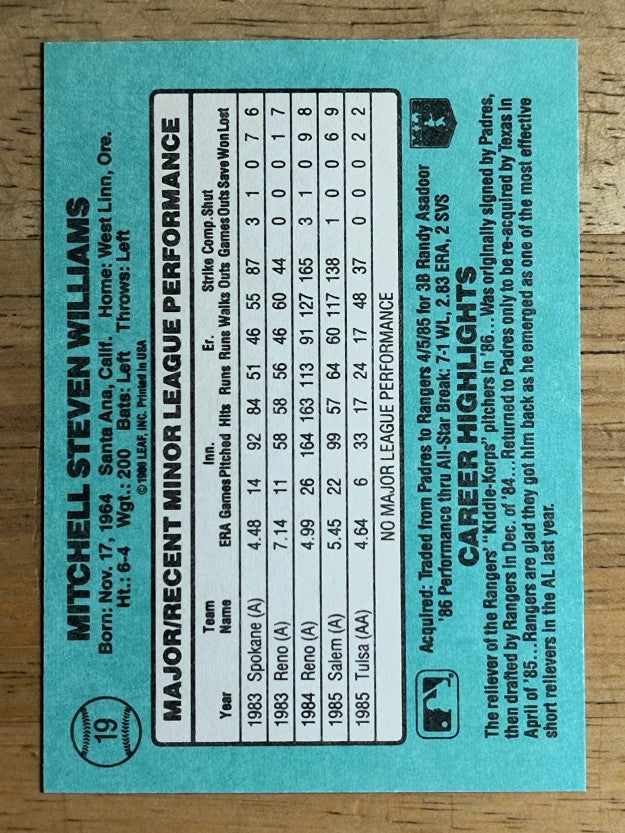 1986 Donruss Rookies #19 Mitch Williams XRC