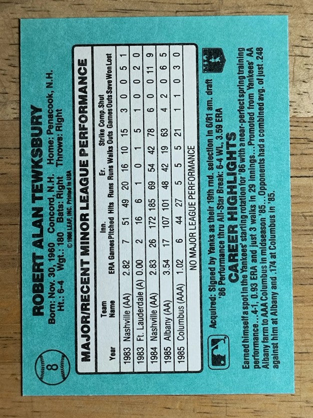 1986 Donruss Rookies #8 Bob Tewksbury XRC
