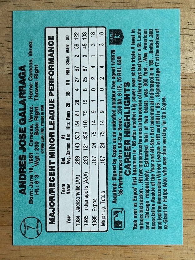 1986 Donruss Rookies #7 Andres Galarraga