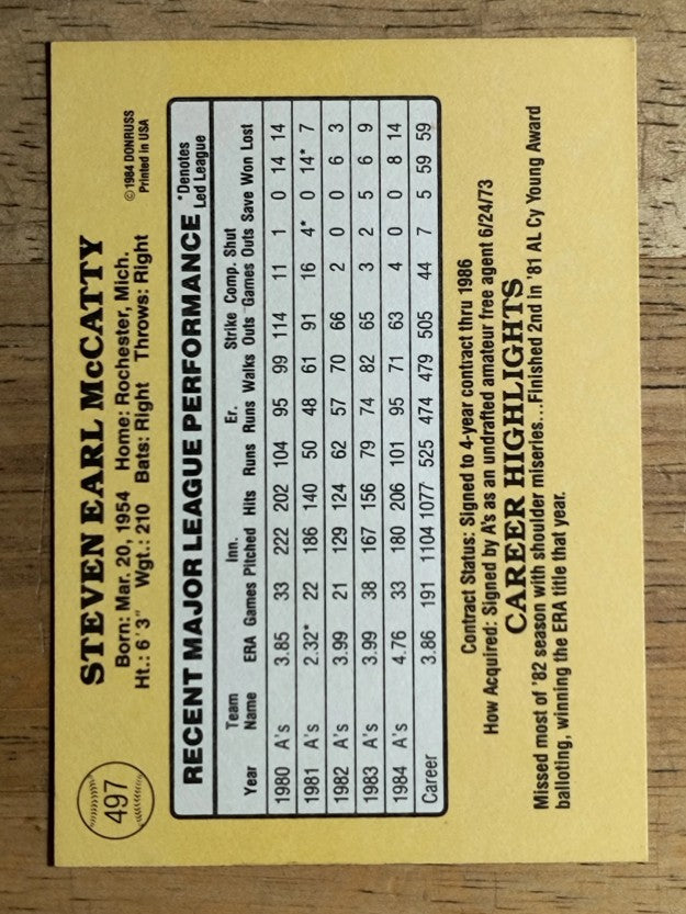 1985 Donruss #497 Steve McCatty