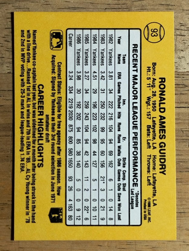 1987 Donruss #93 Ron Guidry