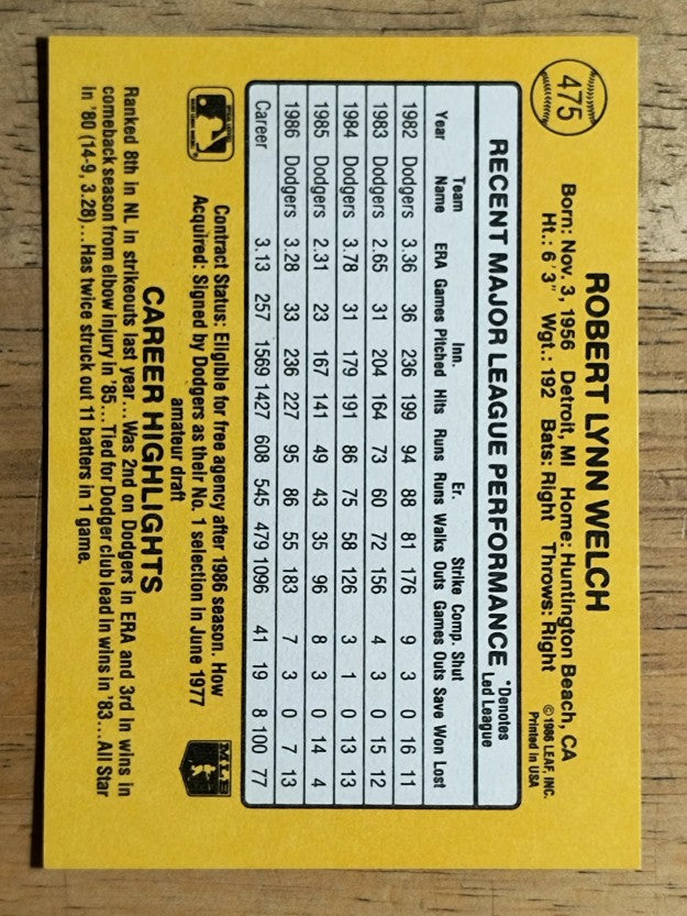1987 Donruss #475 Bob Welch