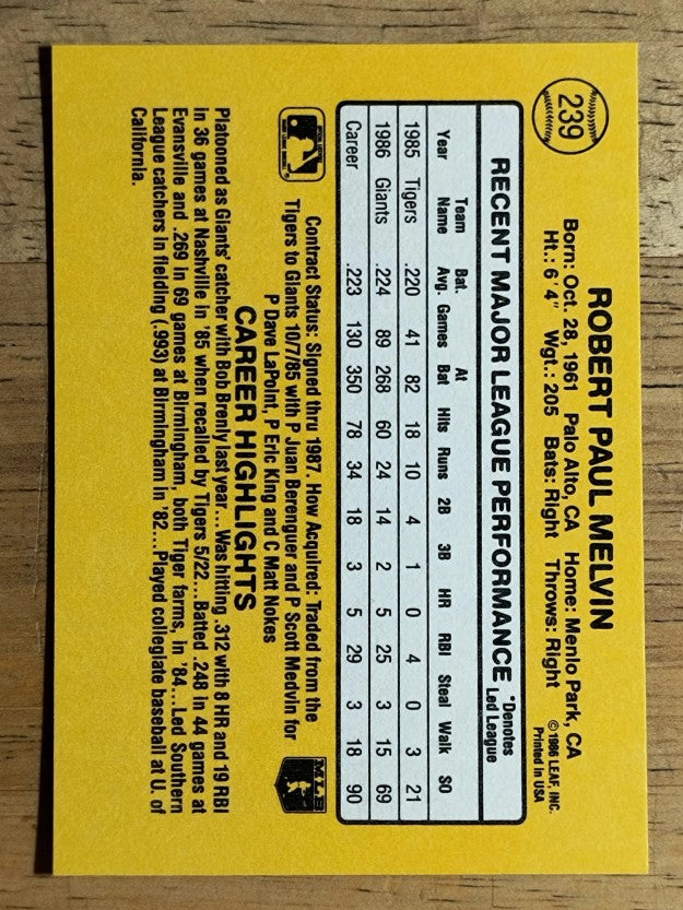1987 Donruss #239 Bob Melvin