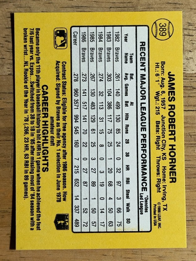 1987 Donruss #389 Bob Horner