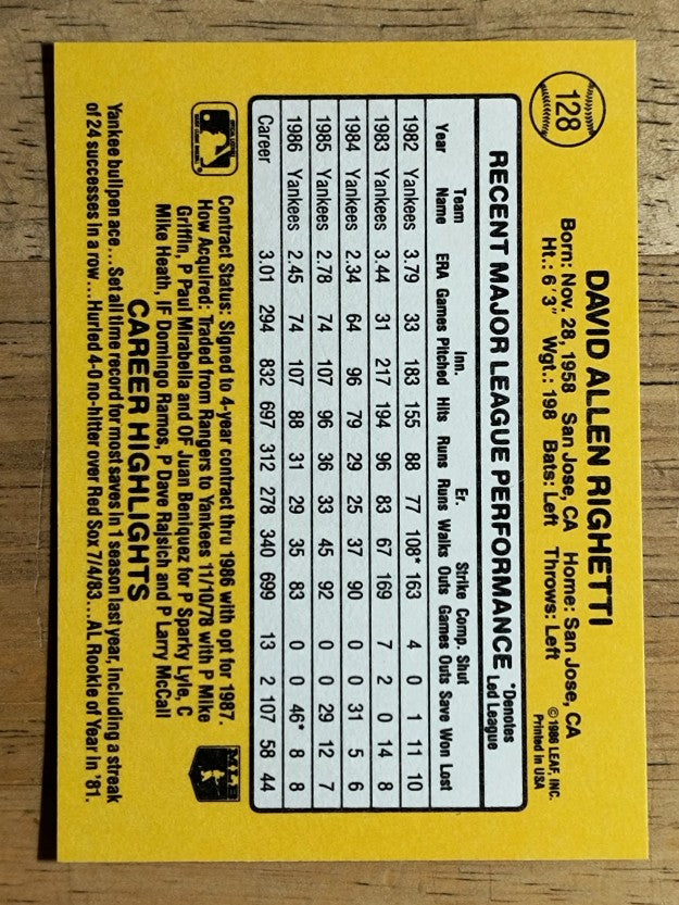 1987 Donruss #128 Dave Righetti