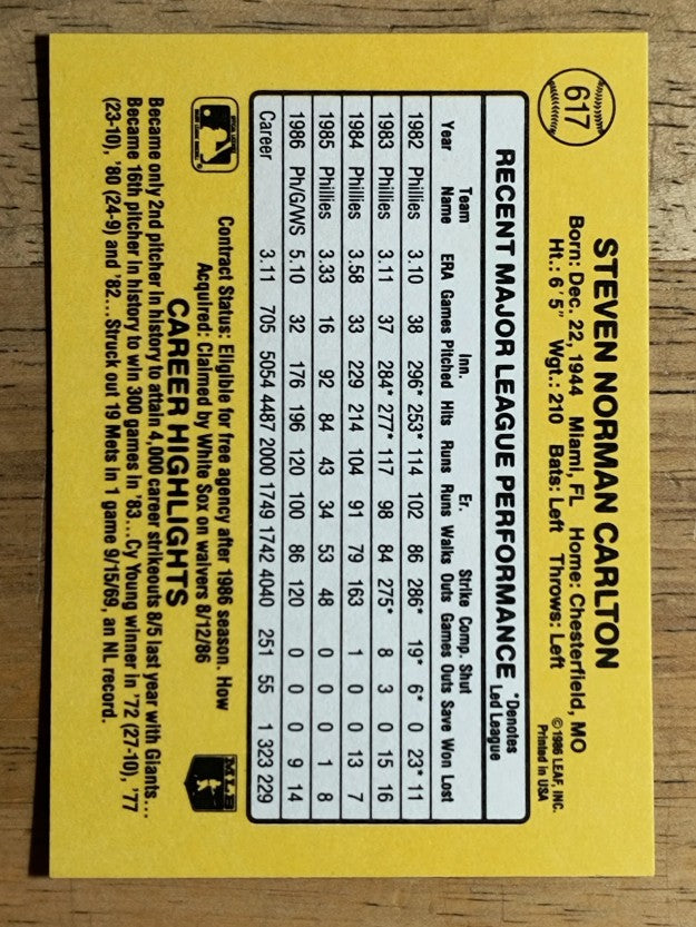 1987 Donruss #617 Steve Carlton