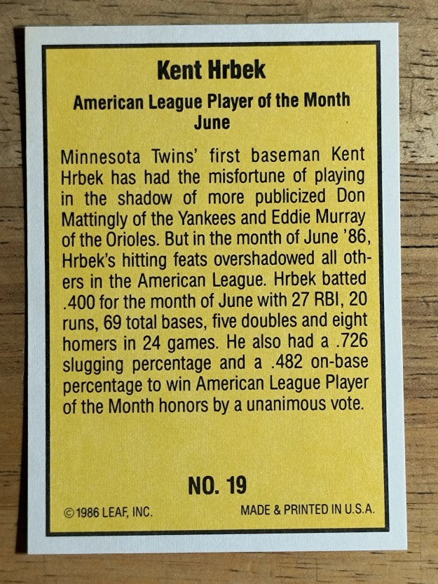 1986 Donruss Highlights #19 Kent Hrbek