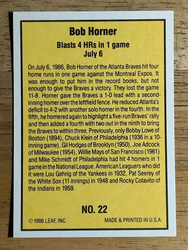 1986 Donruss Highlights #22 Bob Horner