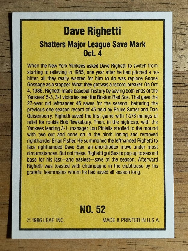 1986 Donruss Highlights #52 Dave Righetti
