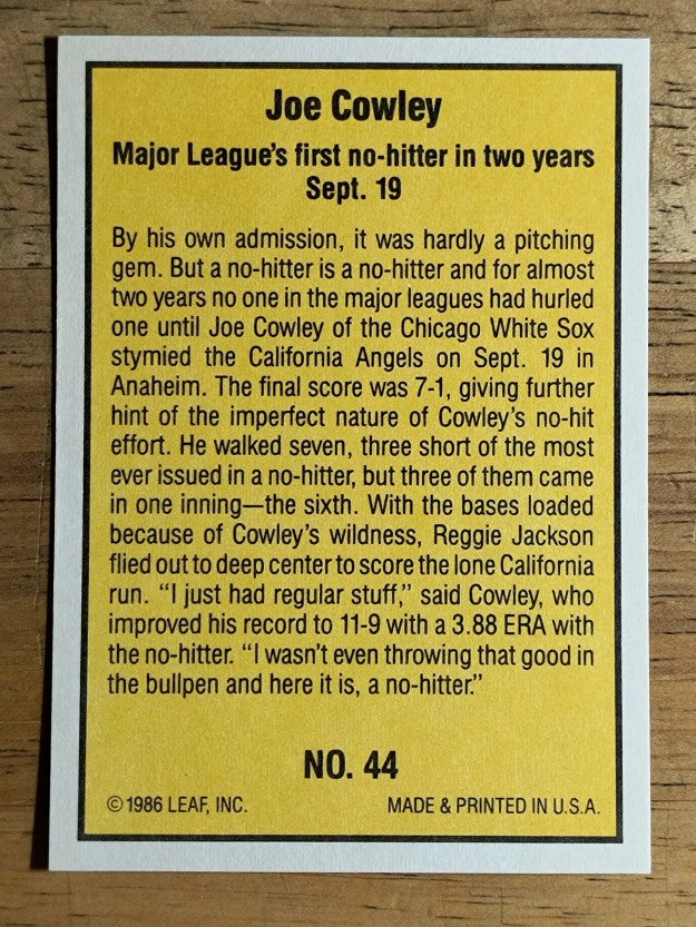 1986 Donruss Highlights #44 Joe Cowley