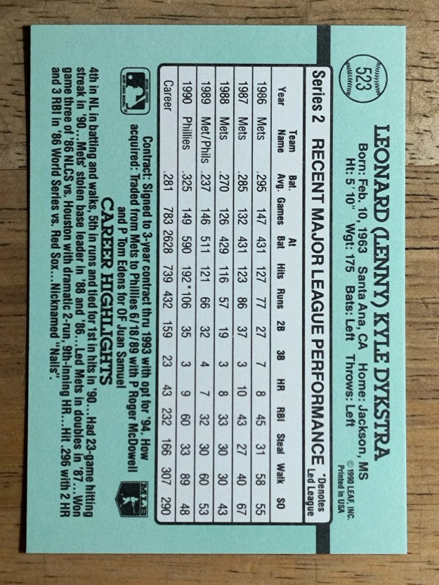 1991 Donruss #523 Len Dykstra